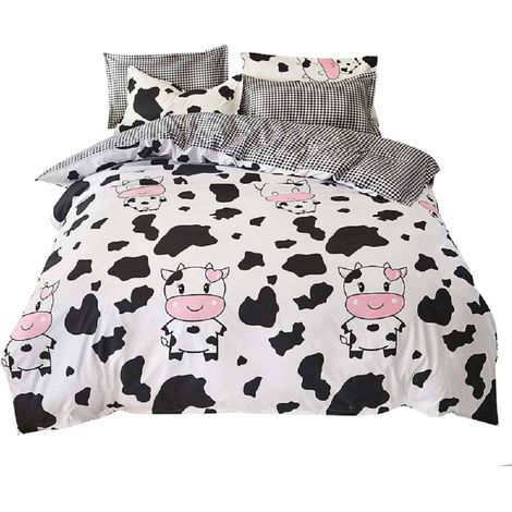 Parure de lit pour enfants filles - Motif vache - Impression cartoon - Ensemble de literie 135 x 200 cm - Décor rayé - Moderne - Doux - Réversible - Ensemble de couette pour adolescents - 2 pièces (1/5)