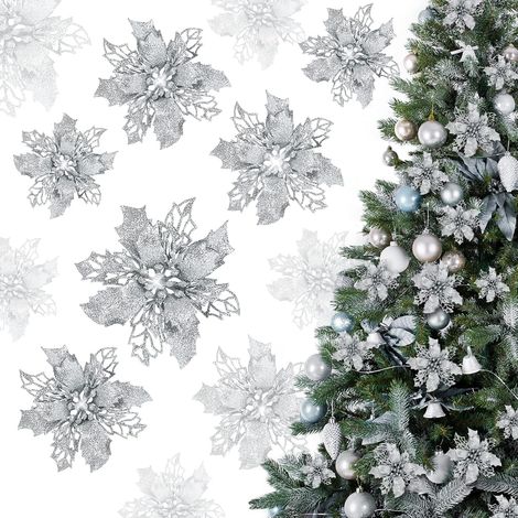 21 Weihnachtsblumen, Christbaumschmuck, künstliche Blumen mit Silberglitzer, Blumenornamente – 16 cm (1/5)