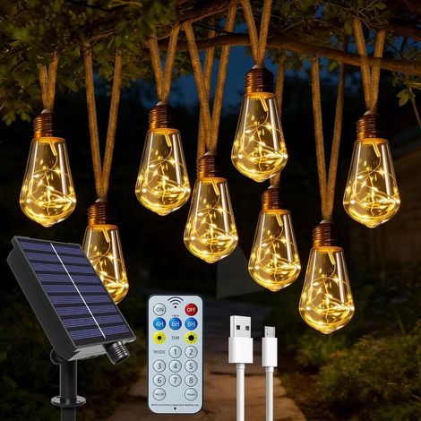 Solarbetriebene Gartenbeleuchtung für den Außenbereich – 20 S17-Glühbirnen – 10 m Hanfseil mit Fernbedienung, USB- und Solarbetrieb – Bruchsicher – Wasserdicht – 8 Modi – Bezaubernde Lichterkette (1/5)