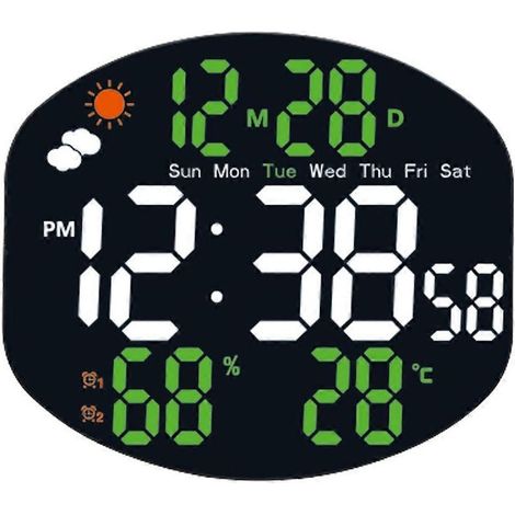 Réveil numérique mural avec station météo, affichage de l'humidité, de la température, de la luminosité automatique, de la date, deux alarmes, pose ou suspension. (1/5)