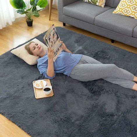 Ikodm Wohnzimmerteppich, 150 x 240 cm, Schlafzimmerteppich, Langflor-Teppich, Bettvorleger, große Größe, moderner Langflor-Teppich, geeignet für Wohnzimmer, grauer Teppich (1/5)