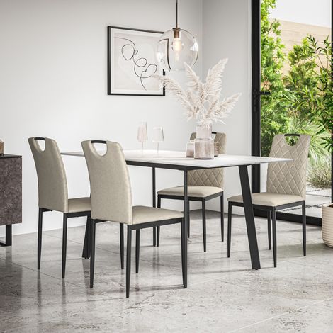 Haydon Extending Dining Table + Chairs- White Marble Effect Table Top w Black Legs + Monza Linen Dining Chair Set Of 4 (Beige) (1/5)