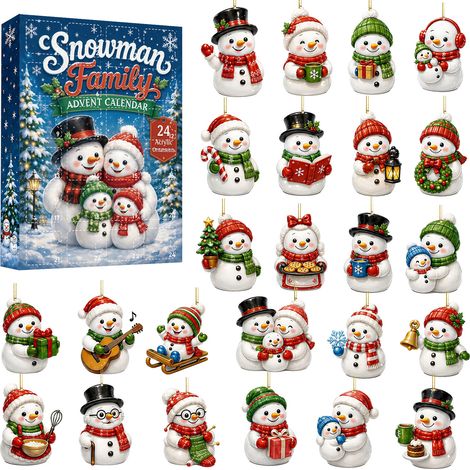 Weihnachtsschneemann-Überraschungsbox-Geschenkset – Doppelseitige Acryl-Weihnachtsbaumkugeln – 24-Tage-Countdown-Kalender-Geschenkbox (1/5)