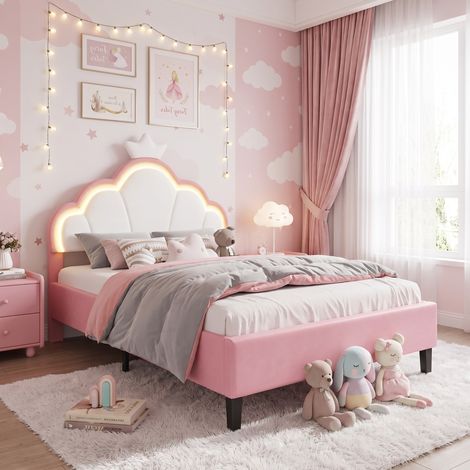Lit enfant fille 140x190 cm, avec LED, tête de lit de couronne, télécommande, sommier à lattes en bois, lit simple capitonné - Rose (1/5)