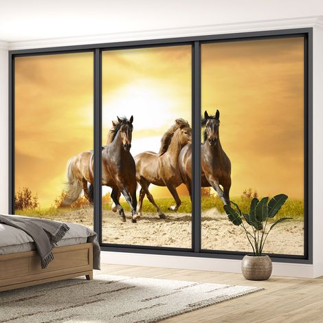 Papier peint panoramique Trompe l'oeil baie vitrée - Chevaux - 358 cm x 215 cm (1/5)