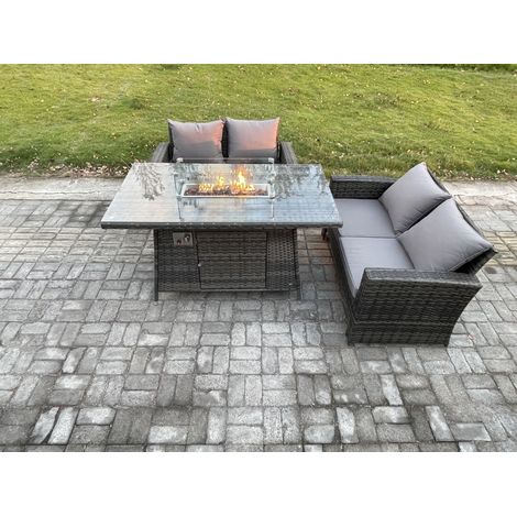 Fimous 3 Stücke Gartenmöbel Set Polyrattan Sitzgruppe Gas Feuerstelle Esstisch Sofa Set für Garten Dunkelgrau Gemischt (1/5)