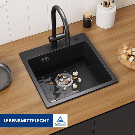 Cecipa Lavello 1 Vasca in Quarzo e Resina 45x45cm - Lavello Cucina Lavello da Incasso 1 Vasca - Nero (1/5)
