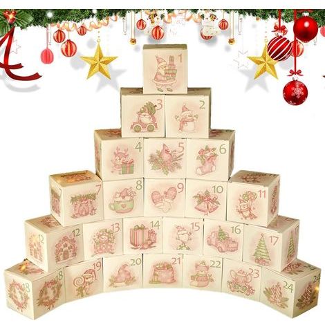 24 pièces Boîtes 'Avent de Noël, boîtes de compte à rebours de Noël - Boîte à friandises pour fêtes de Noël, calendrier 'Avent vide de Noël 2024, boîtes en papier pour friandises nat,rose (1/5)