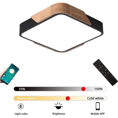 Plafonnier LED en bois, 24 W, intensité variable, rond, intérieur, avec télécommande et application, minuterie automatique, pour salon, chambre, cuisine, couloir, 30 cm (carré noir) (1/5)