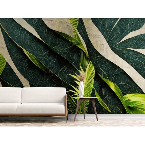 Papier Peint Feuillage - Feuilles Exotiques en Relief - 150 x 250 cm (1/2)