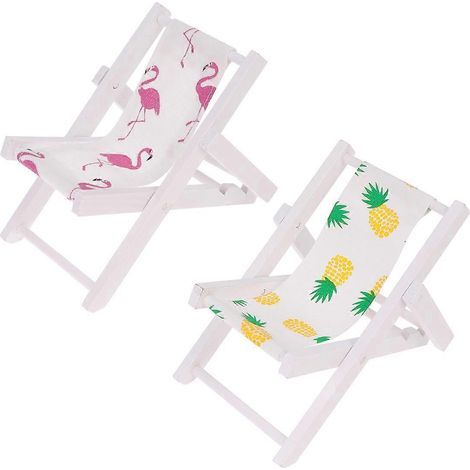 Lot de 2 mini chaises de plage en bois style méditerranéen, motif ananas et flamant rose, avec support pour téléphone portable et mini-décoration pour transat.-129cm-White (1/3)