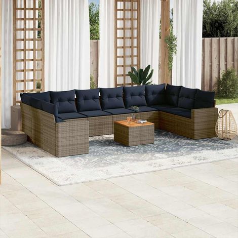 Salon de Jardin 11 pièces Résine Tressée Grise avec Coussins Navy Stockage intégré, Table Acacia 10 Places Canapés, Fauteuils d'Angle et Sièges Centraux (1/5)
