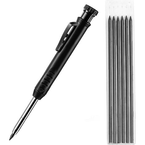 Lápices de carpintero, lápiz de carpintero, marcador de portaminas, marcador de agujeros profundos con 6 minas, para obra, calibre de marcado (negro) (1/5)