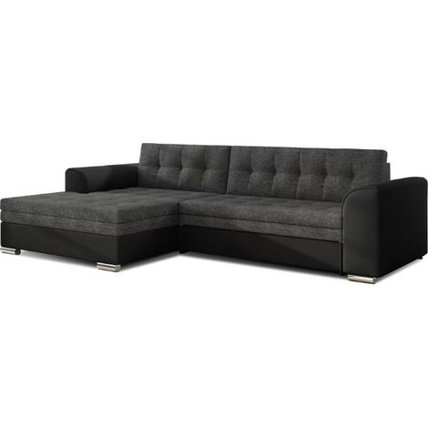 Canapé d'angle convertible tissu et simili cuir KAPONA - Pieds acier chromé angle gauche-Noir/Gris foncé-angle gauche (1/5)