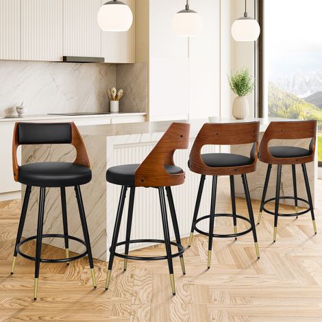 ALFORDSON Bar Stools Set of 4, High Capacity (150KG),Comfortable PU Leather, Wooden Backrest, Footrest,Counter, Home Bar, Kitchen, Dining Room, Black