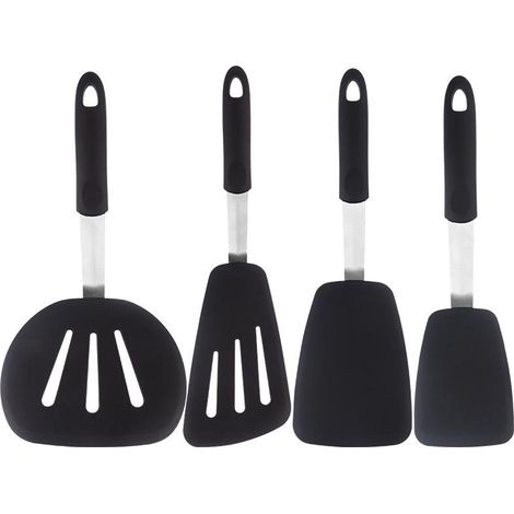 Ustensiles de cuisine : pelle à steak, grande pelle à frire en acier inoxydable, poêle antiadhésive, pelle à frire en silicone, spatule à crêpes en silicone (lot de 4). (1/5)