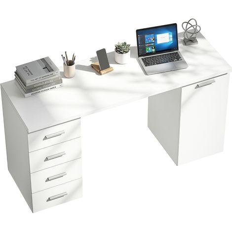 Bureau d'ordinateur avec 4 tiroirs et un placard, bureau de 140 cm pour étudier, aspect bois blanc (1/5)