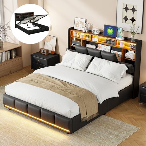 Bett mit Stauraum 140x200 cm – Bett 140x200 cm – mit einstellbarer LED-Beleuchtung – USB-Ladeanschluss – PU – Lattenrost – maximale Belastung 350 kg – Erwachsenenbett 140x200 cm – Schwarz
