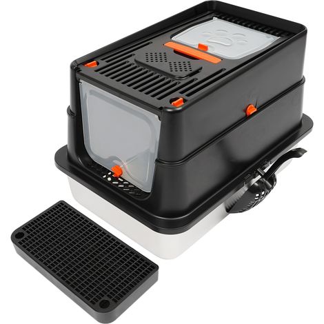 Bac à litière en Acier Inoxydable, Couvercle Rabattable Amovible et Conception fermée à Bords Hauts, Toilettes pour Chat, Contrôle des odeurs, Anti-fuites, avec Pelle, pédale, noir