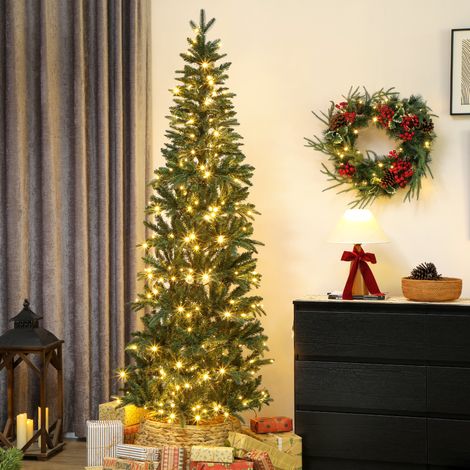 Sapin de Noël artificiel 210 cm, arbre de Noël slim avec 300 lumières 8 modes d'éclairage 826 branches articulées, vert (1/5)