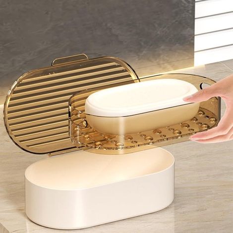 Jabonera，Soporte para jabón，Alfombrilla para jabón，Caja de jabón con tapa，Accesorios de baño，Blanco (1/4)