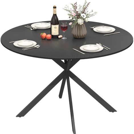 Table ronde industrielle pour 4 personnes avec pieds en acier noir et plateau en bois (1/5)