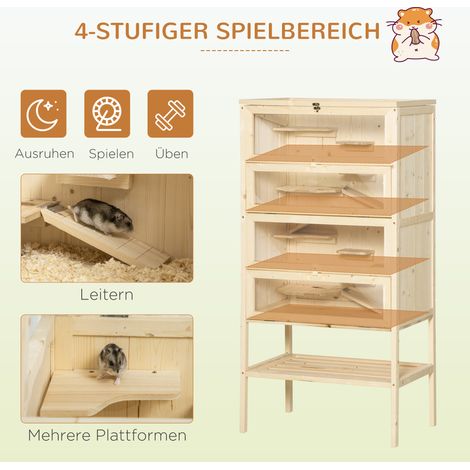 Cage hamster bois 5 étages, enclos rongeurs, habitat petit animal avec toit grillagé et rampes, grande cage bois naturel, 60 x 40 x 120 cm, pour souris, hamsters et hamsters nains