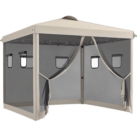 Gazebo pieghevole, altezza regolabile, tende in rete, borsa per il trasporto, struttura in metallo, 3 x 3 x 3 m, beige