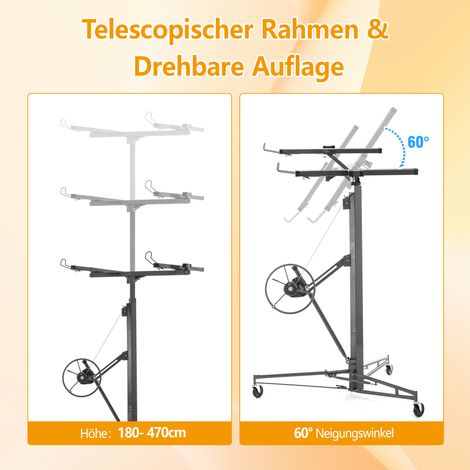 Lève-plaque de plâtre pliable, charge max 68 kg, hauteur ajustable 180-470 cm, 3 roulettes freinées, inclinaison 60°, gris. (1/5)