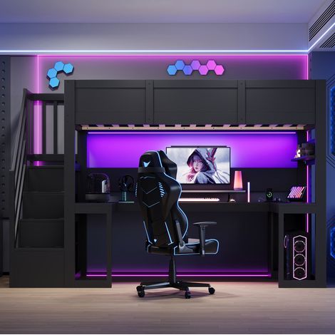 Lit mezzanine 90 x 200 cm avec bureau gaming intégré, éclairage LED 7 couleurs, port USB, escalier à 4 rangements et structure robuste en bois noir – CHICFURN (1/5)