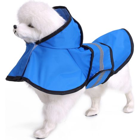 Imperméable pour chien extra large à capuche avec bandes réfléchissantes, 100 % imperméable (bleu, taille S) (1/5)