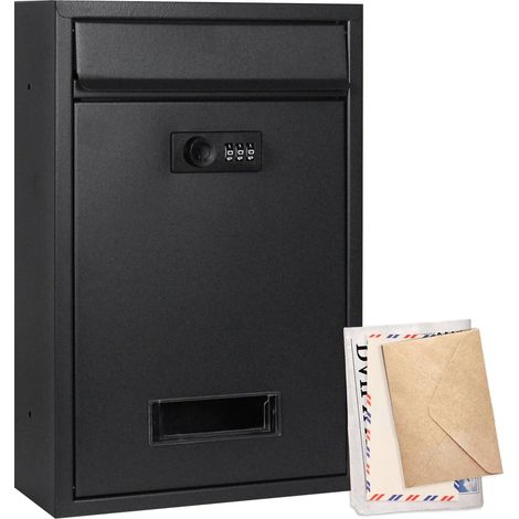 Boîte aux lettres noire avec serrure à combinaison, boîte aux lettres murale en acier, résistante aux intempéries, imperméable, pour l'extérieur, 32 x 21,7 x 8,4 cm (1/5)