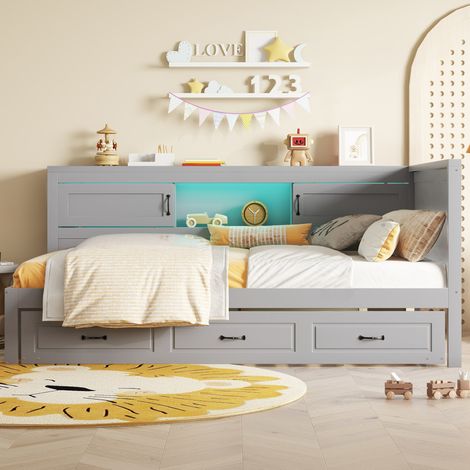 Cama daybed 90x200 cm de aglomerado/MDF gris con LED, almacenaje, sin colchón – MEUBLIV (1/5)