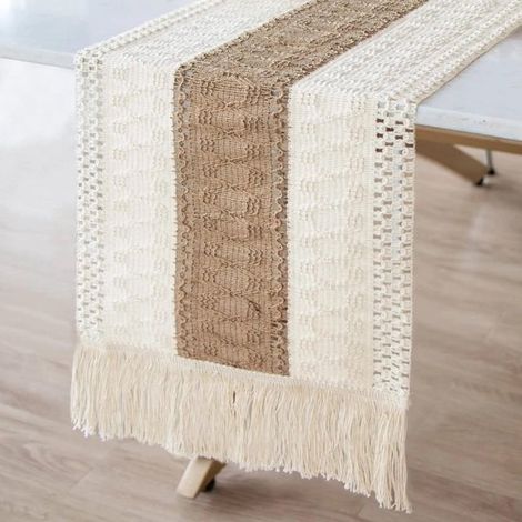 Chemin de table bohème en coton et jute à franges, 30 x 300 cm, décoration de table rustique, style champêtre (1/5)