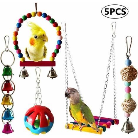 BUNTHAUS Ensemble de 5 pièces de balançoire de jouet à mâcher d'oiseau de jouet de perroquet, balançoire de jouet d'oiseau coloré, échelle de pont, jouet de cloche suspendue, jouet à mâcher d'oiseau (1/5)