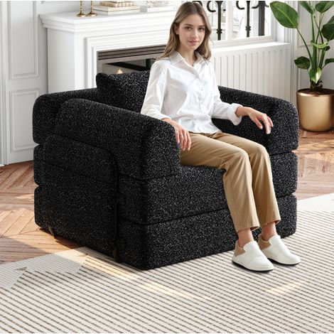 Divano letto 1 posto con vano bracciolo, ciniglia nera DESVIAE (1/5)