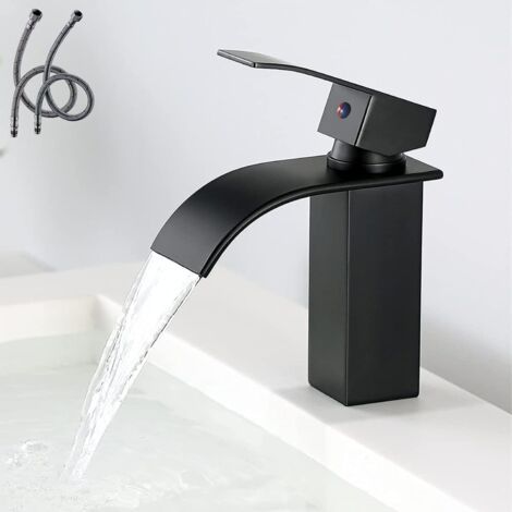 RHG Ineasicer Moderne Robinet Lavabo Noir Cascade, Design Elégant Robinet Salle de Bain, Mitigeur Salle de Bain en Laiton, Eau Chaude et Froide Disponible, Robinetterie Cascade Noir, Anti-oxydant (1/5)