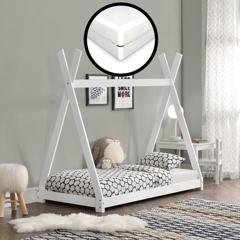 Lit Tipi pour Enfants avec Matelas Orthopédique Onejda Blanc 80 x 160 cm [en.casa] (1/5)