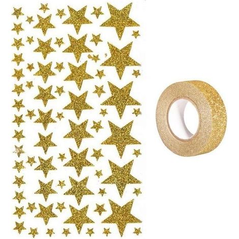 Stickers étoiles à paillettes dorées + masking tape doré à paillettes 5 m