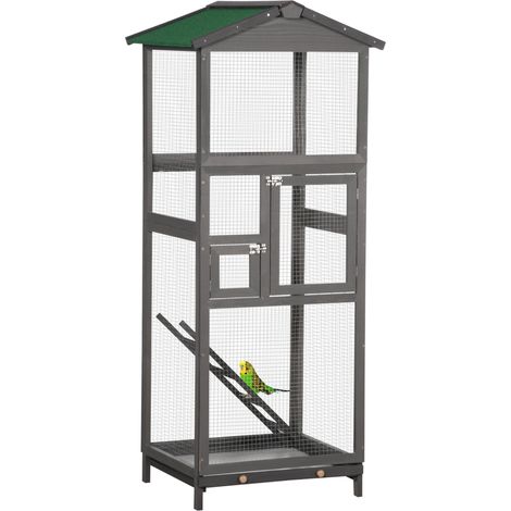 Gabbia per Uccelli Voliera Alta da Esterno 68x63x165 cm 2 Porte e Vassoio Estraibile in Legno Grigio Chiaro (1/5)