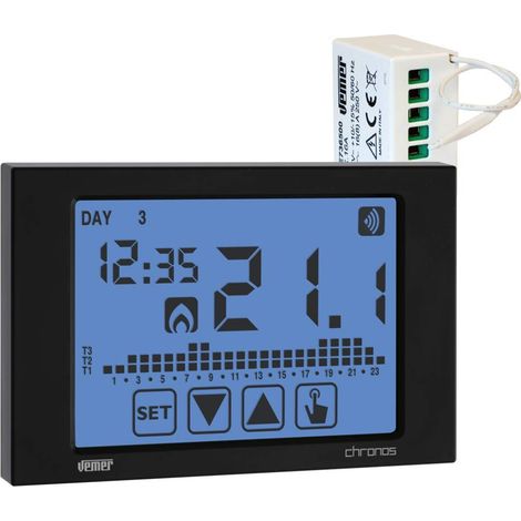 VEMER VE487500 SET CHRONOS RF - Set composto da 1 Cronotermostato Touch Screen da Parete a Batterie + 1 Attuatore Remoto RF, Nero