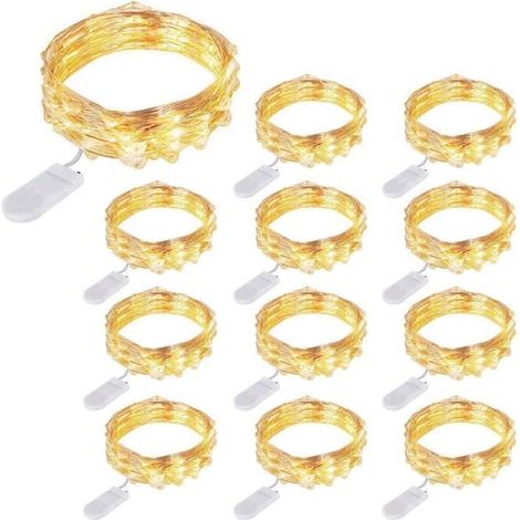 12 Packs Guirlandes Lumineuses à Piles, 20 LEDs 2M Guirlande en Cuivre, IP65 Étanche Argent Fil Blanc Chaud Ambiance Lumière pour Dé (1/4)