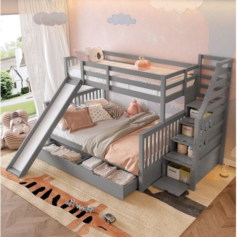 Cama litera moderna de pino gris 90x200/140x200 cm con escalera, tobogán y cajones de almacenaje (1/5)
