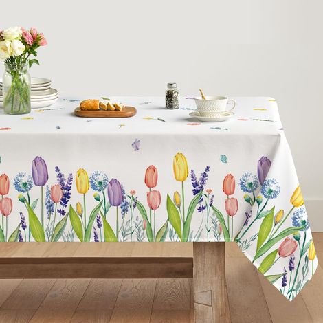 Nappe de printemps, motif tulipe, lavande, fleurs, papillon, 140 x 160 cm, saisonnier, protection anti-taches, pour l'été, pour cuisine, décoration de fête (1/5)