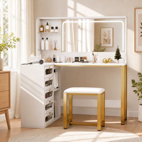 Coiffeuse 120x80x135 cm, miroir LED 3 modes, tabouret inclus, prises intégrées, 5 tiroirs, 2 compartiments réglables, structure dorée, blanc (1/5)