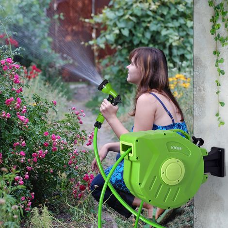 Enrouleur tuyau rétractable 20 m pivotant 180° automatique plastique résistant système d’arrosage pratique jardin - Couleur: Vert