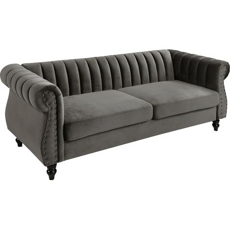Canapé chesterfield 3 places en velours TRUMBO - Gris (1/4)