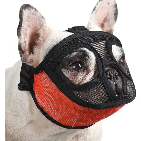 Muselière courte pour chien, muselière plate en maille respirante pour bouledogue, masque muselière pour bouledogue (noir-orange) (1/5)