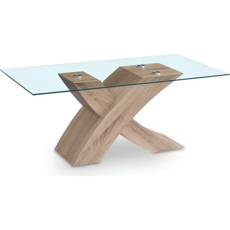 Tavolino da salotto Shiva piano in vetro e base rovere a incrocio 110x60x45H