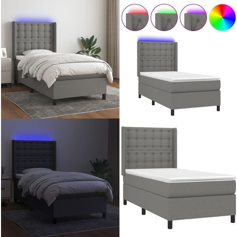 Cama box spring colchón y luces LED tela gris oscuro 90x190 cm - Colchón con luces LED - Cama con cabecero ajustable